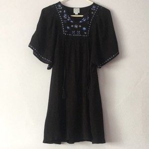 Blue Rain Boho Embroidery Embroidered Tassel Tie Neck Peasant Dress